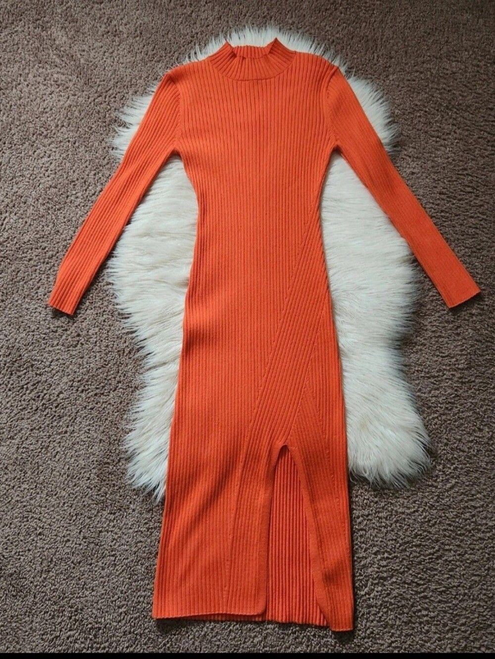 Ribbed H&M Long Sleeve Mock Neck Midi Dress - Orange
